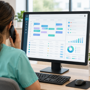 Illustration of a clinic team viewing a patient list on a screen